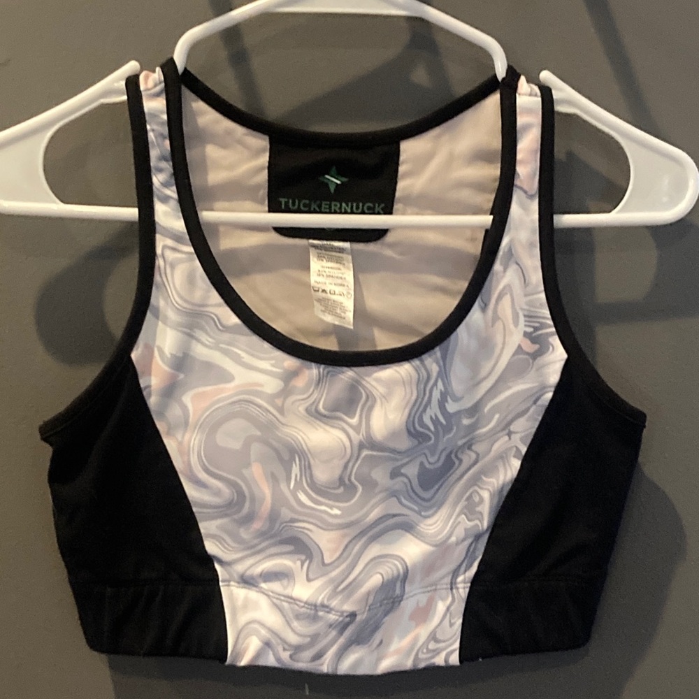 Tuckernuck size small pink black and gray marble patterned sports bra EUC